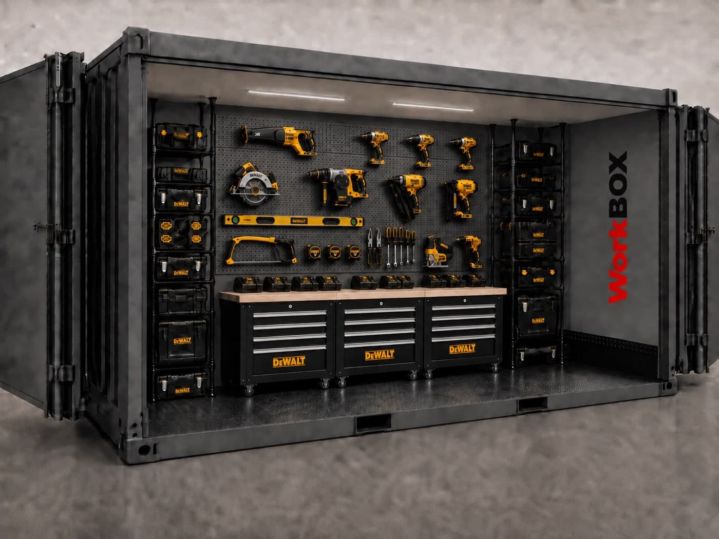 Inside a WorkBOX: a wall of racked DeWALT power tools above a run of drawer cabinets, with tool cases stacked either side