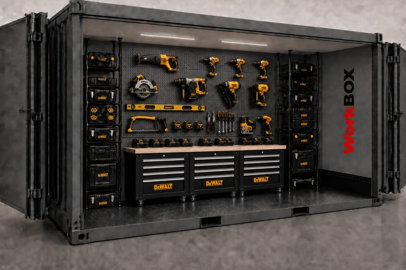 An open WorkBOX seen from the side: a wall of racked DeWALT power tools above a run of drawer cabinets, with tool cases stacked either side