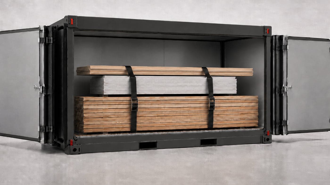 An open MaterialBOX loaded with strapped stacks of lumber and sheet material